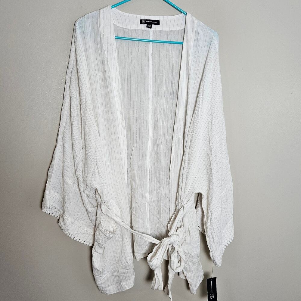 NWT INC Metallic Crinkle Gauze Tie Waist Top Sz Large - Picture 2 of 14
